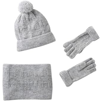 Vertbaudet Mädchen Strick-Set: Mütze, Rundschal & Handschuhe, Zopfmuster grau meliert 128/140