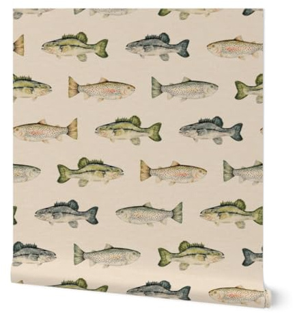 Spoonflower Peel & Stick Wallpaper 3ft x 2ft - Cabincore Rustic Camping Fisherman Cabin Decor Lake House Summer Watercolor Rainbow Trout Bass Custom Removable Wallpaper