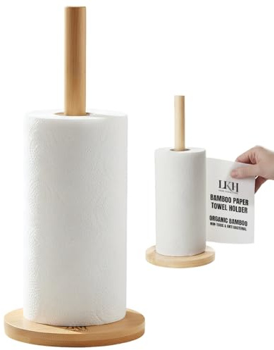 LKH Bamboo Kitchen Roll Holder Freestanding Wooden Paper Towel Holder Home Strong Stable Base, Natural Bamboo Kitchen Tissue Stand for Standard Rolls, Easy Clean Countertop Kitchen Accessory