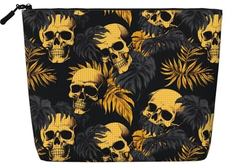 WINCCOR Skull And Palm Leaves Pattern Bag Fake Hemp Makeup Bag Travel Bags Toiletry Pouch with Zipper 9.45 X 6.7 In