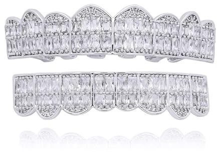 Abnehmbarer Zahnschmuck, Rapper-Zahnspangen im Hip-Hop-Stil, ice Diamond-Zahnspangen in Gold-/Silber-Ausführung, Geeignet für Rollenspielpartys(Silver)