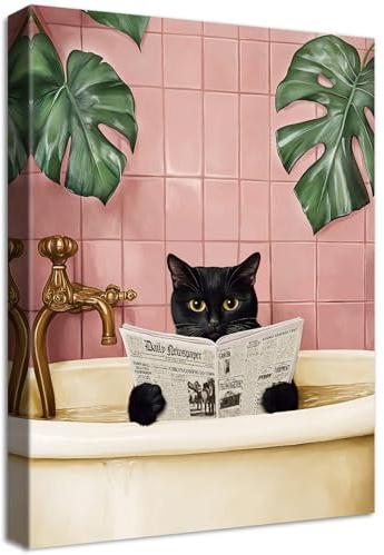 Stampa su tela Con Cornice Divertente Gatto Nero Pittura Quadri su tela Rosa Verde Piante Gattino che fa il bagno Quadri Moderni Animali Umorismo Bagno Vasca da Bagno WC Stampe da Parete 30x40cm