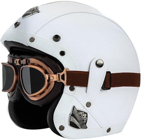 Vintage Scooterhjälm Med Skyddsglasögon, ECE 22.06-Godkänd Retro Jethjälm Med PU-Läder, Öppen Motorcykelhjälm För Män Och Kvinnor F,XL/(60~61cm)