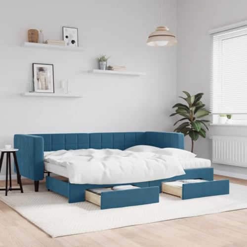 Frdhee Einzelbett ﻿boxspringbett Bettkasten,Tagesbett Ausziehbar mit Schubladen Blau 80x200 cm Samt,Bettrahmen Für Teenager,Leicht Zu Pflegen,Leicht Zu Montieren