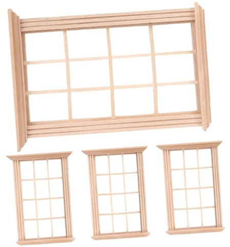 HOOTNEE Lot de 4 Fenêtres en Bois Vierge 1/12 pour Maison de Poupée, Modèle Miniature à Monter Soi-même, Accessoires Déco Réalistes pour Mini-Maison, Éducatif pour Tout-Petits