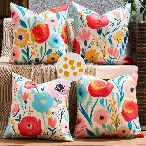 Waterproof Outdoor Cushion Covers for Garden 50x50 cm Set of 4 Pink Rose Floral Patterned Cushion Covers Boho Square Decorative Pillow Cases for Sofa Couch Porch Bench Balcony Tent Park Living Room