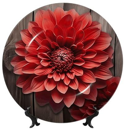 Flower Red Dahlia Ceramic Decorative Plates Bone China Decorative Plate With Display Stand Handmade Ceramic Ornament Personality Porcelain Dinner Plate Crafts For Home Office Wall Decoration 17cm