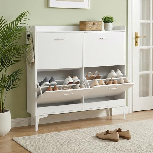 EGGREE Schuhschrank Schmal mit 4 Klappen, Schuhkipper für Flur, Schuhregal mit verstellbaren Fächern, Kippschutz, platzsparende Schuhkommode für Eingangsbereich, Weiß, 105x24x102 cm