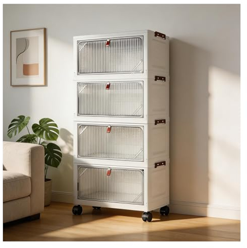 SlateSoul 4er Set Aufbewahrungsboxen mit Deckel – 4x32L Stapelbare Plastikbox mit Magnet-Tür, Klappbox für Haus & Büro, Weiß (Transparent, 48 * 27 * 103)
