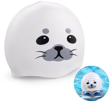 UZYXC 1 Cuffia Da Bagno Motivo Foca – Cuffia Da Bagno In Silicone Donna Uomo, Impermeabile, Per Capelli Lunghi, Allenamento E Gare, Riutilizzabile, Bianco