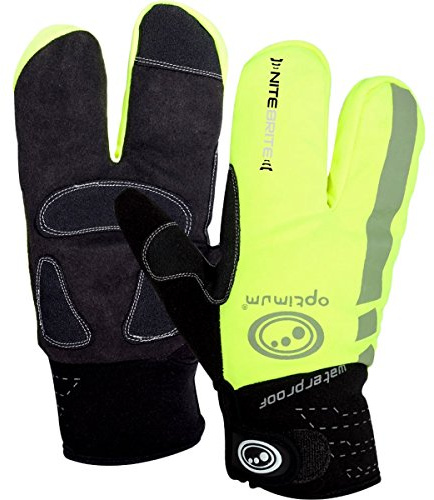 Optimum Nitebrite Sports Lobster Men's Gloves - Visible Windproof Deep Winter Cycling 3-Finger Waterproof Insulated Gloves - Warm Padded Reusable Grip - Shower Proof Outwear - Black/Fluro/Medium