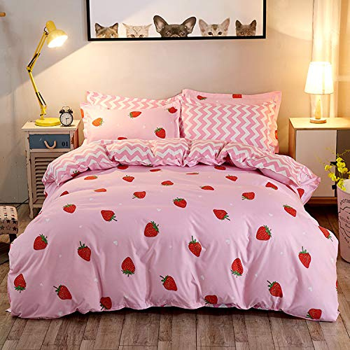 Strawberry Bedding, Kawaii Room Decor Cute Bedding Sets for Women Girls Kids, Pink Kawaii Strawberry Decor Comforter Cover Set with 1 Duvet Cover+ 2 Pillowcases, Full Size