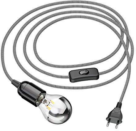 ledscom.de Textilkabel LEHA mit Stecker, Schalter und E27 Fassung, schwarz/weiß, 3 m inklusive Leuchtmittel 3,95W 461lm warmweiß