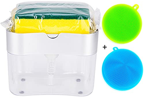 SLEEC 2 in 1 Dish Washing Liquid Dispenser Liquid Soap Kitchen Sink Tidy Dispenser with Sponge Caddy Pump Washing Detergent Liquid Dispenser Sponge Holder Dish Washing Pump