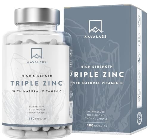 Zinco Integratore 25mg 3-in-1 con Vitamina C - Zinco Bisglicinato, Picolinato, Monometionina a Spettro Completo - Integratori Pelle Alto Assorbimento - 180 Capsule Vegan