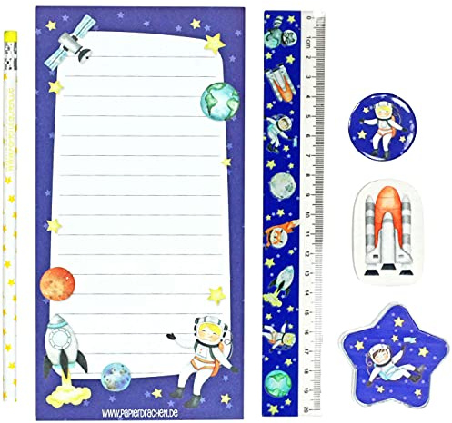 Papierdrachen Set d'écriture 6 | Motif Astronaute | avec Taille-Crayon, règle, Gomme, Bloc-Notes et Bouton | idée Cadeau pour Le Premier Jour d'école ou fête d'anniversaire d'un Enfant | Set 5