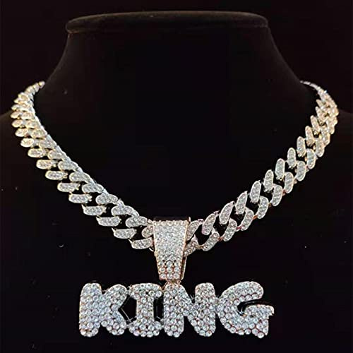 zxcs Männer Hip Hop Buchstaben Anhänger Halskette mit 13mm Miami Kubanische Kette Iced aus Bling Hiphop Halsketten Männliche Charm Schmuck-Silver Plated,20inch(50cm)