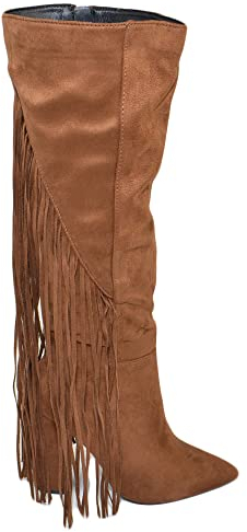 Stivali Donna Texani camoscio Cuoio con Frange Lunghe Dietro e Tacco Largo Altezza Ginocchio Moda Glamour Luxury (39 EU)