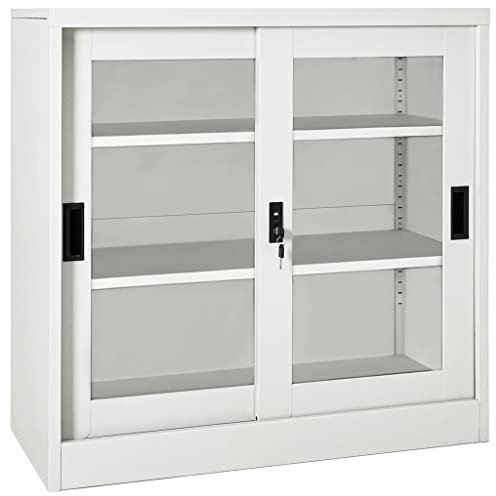 Aktenschrank Office 90x40x90 cm Metallschrank abschließbar mit Schiebetür & verstellbare Regalböden, Büroschrank Aufbewahrungsschrank Schrank Meehrzweckschrank Büro Möbel, Hellgrau