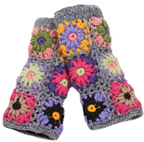 Pachamama Women Wool Hand Warmers Fleece Lined Hand Crocheted Flower Pattern Multicoloured One-Size Handmade Extra Warm Fair Trade