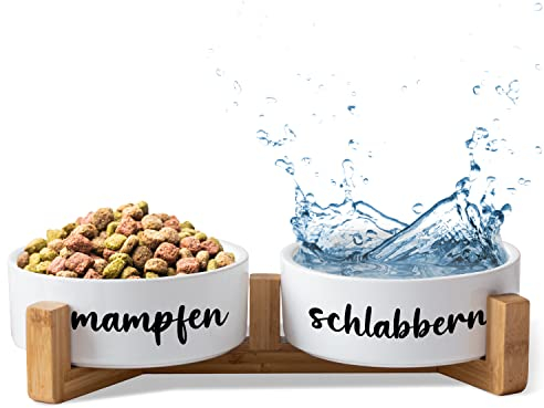 Hundenapf Keramik Doppelnapf Hund Katze: „Mampfen + Schlabbern“ | Napf-Set mit/ohne Ständer| Futternapf Fressnapf Trinknapf für große kleine mittelgroße Hunde Katzen Futterstation (2x 1300ml, Gestell)
