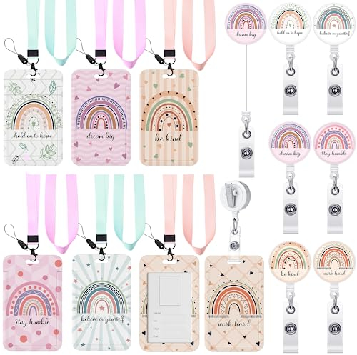 Silkfly 12 Stück Regenbogen-Ausweishalter mit Umhängeband und einziehbarem Ausweishalter, Boho-Regenbogen-Lehrer, inspirierende Karte, Namensschild, Lanyard, Ärzte, Studenten