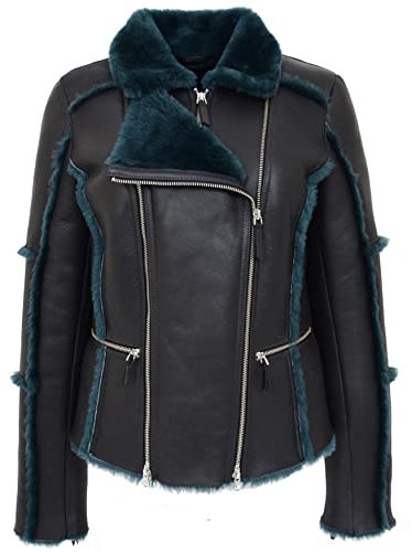 Divergent Retail DR532 Damen Aviator Pilot Schaffell Jacke Schwarz, Schwarz , 16 Short