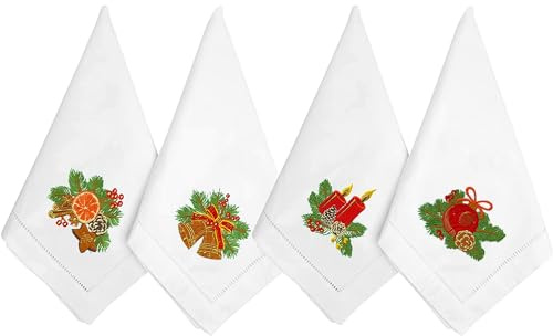HCRAFT Bestickte Baumwoll-Tischservietten, Stoffservietten, 4 Stück, 45,7 x 45,7 cm, Set Weihnachtsserviette, quadratischer Stoff, Esszimmer, Servietten, Stoff, maschinenwaschbar,