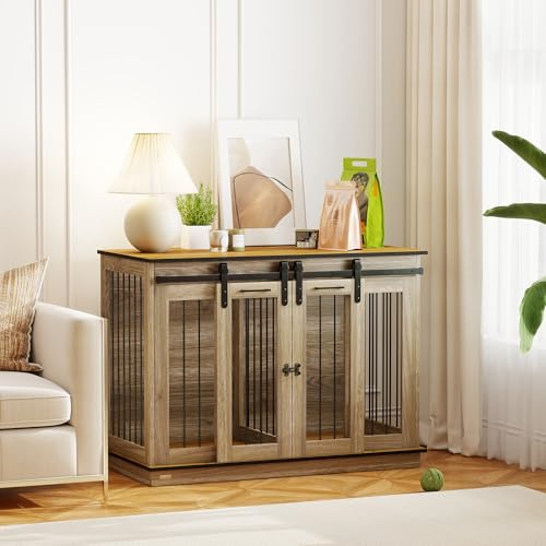 PawHut Dog Crate Furniture for Large Dog, Double Dog Cage for Small Dogs with Divider, Sliding Doors - Oak Tone