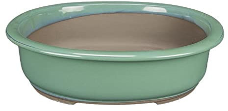 Japanische Bonsaischale Morrisan oval aus grün glasiertem Steingut 21x18x6 cm - B21-23a