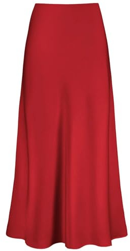 Outoshe Maxi gonne da donna in raso a vita alta con elastico nascosto in vita una linea gonna lunga, Rosso, M