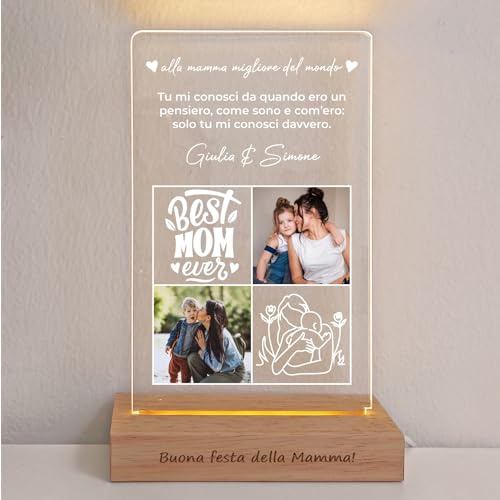 LASERO' Personalisierte Lampe mit Foto Muttertagsgeschenk – Bilderrahmen mit Licht Geburtstag Geschenk für Mama mit eigenen Fotos und Widmung | Plexiglas und Holz - Basis Personalisiert