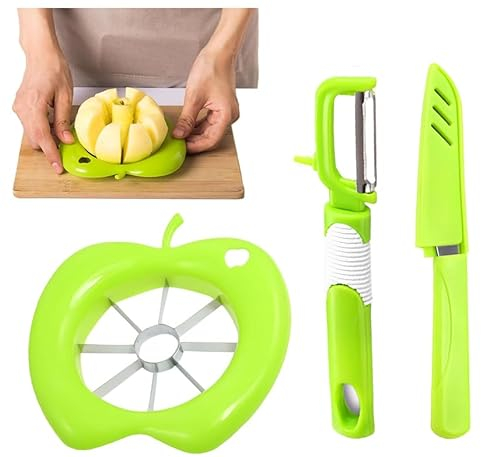 3 Stück Apfelschneider, Apfelentkerner, Edelstahl Apfelteiler, Apfelspalter mit Kunststoffgriff, Multifunktional Apfelschneider Edelstahl, Apfelschäler für Büro, Zuhause, Küche, Party (Green)