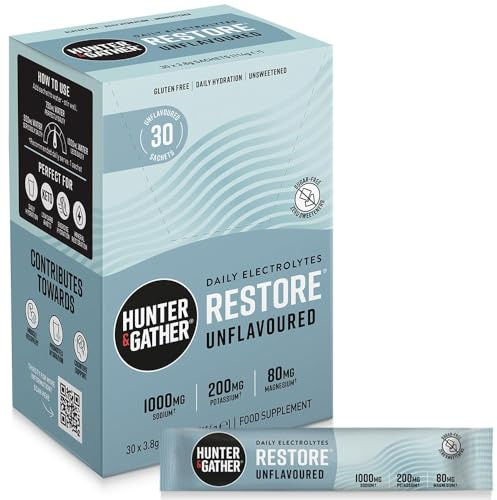 Hunter & Gather Restore Electrolytes Lot de 30 sachets de poudre sans sucre ajouté ni édulcorants I Hydration 100 % naturelle I Rapport minéral optimal I avec sel rose de l'Himalaya I Keto I Formulé