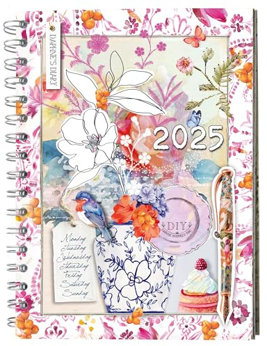 Daphne's Tagebuch Tagesplaner 2025 | Täglicher Kalender mit kreativen Designs, ausklappbaren Monatsübersichten, Einkaufslisten | Dekorativer Wochenplaner, Scrapbook voller Kunstpapier und Kunstbedarf