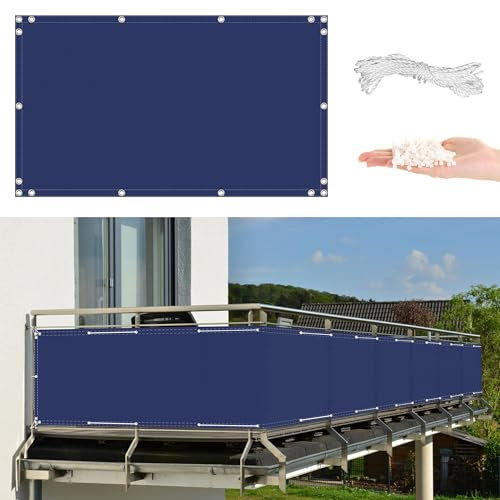 Balkonsichtschutz aus wetterfestem Stoff, 90 x 650 cm, pflegeleicht, mit Ösen, Kabelbinder und Kordel, ideal für Hinterhofschienen, Veranda, Blau