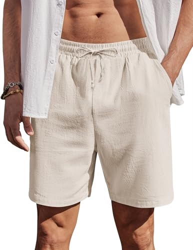 COOFANDY Pantalón Corto para Hombre de Verano Algodón con Cintura Elástica Pantalón Playa Vacaciones Casual Shorts con Bolsillos Beige 4XL