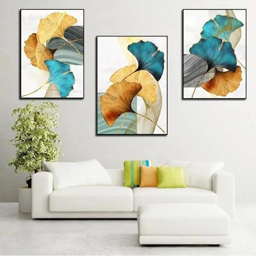 Abstraktes blau-grün-gelbes Blattgold, Pflanze, Blume, Leinwand, Poster, abstrakte Malerei, Kunstdruck, moderne Bilder, Dekor, 60 x 80 x 3 cm, rahmenlos