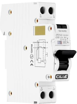 CILIA Interruptor Magnetotérmico Diferencial, RCBO, 1 Módulo, In=32A, Casquillo DIN (Universal Para Cualquier Centralita Comercial), 1P + N, 230 Vac, Tipo AC, Curva de Intervención C