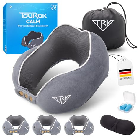 Tourok Calm Nackenkissen Flugzeug – Memory Foam Reisekissen Auto - [verstellbare Kragenweite & ergonomisches Design] - Nackenhörnchen Erwachsene – waschbarer Bezug - Travel Pillow, grau