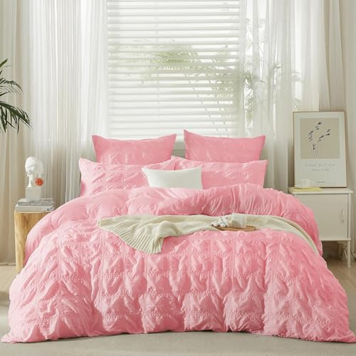 YASMENG Seersucker - Copripiumino 220 x 240 cm, colore rosa grande a quadri Seersucker, set da letto morbido e traspirante in microfibra, biancheria da letto matrimoniale per adulti, con chiusura