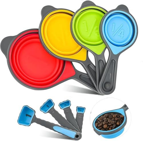 Collapsible Measuring Spoon Set – 4-Piece Foldable & Stackable Silicone Measuring Cups for Baking & Cooking (1, 1/2, 1/3, 1/4 Cup) – BPA-Free, Dishwasher-Safe, Space-Saving Kitchen Tools (Blue)