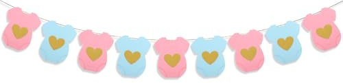 Blue Pink Baby Shower Paper Garland, Short-Sleeve Bodysuits Clothesline Garland Gender Reveal Banner Backdrop Bodysuit Paper Decorations for Welcome Newborn Party Supplies (Blue, Pink)