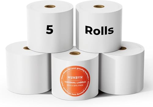 MUNBYN Prämie Thermorollen 80mm x80mm x80M – 65g/m² dicke Kassenrollen/Bonrollen, kompatibel mit Epson, NetumScan, Square POS- FSC-zertifiziert & BPA-frei (5 Rollen)