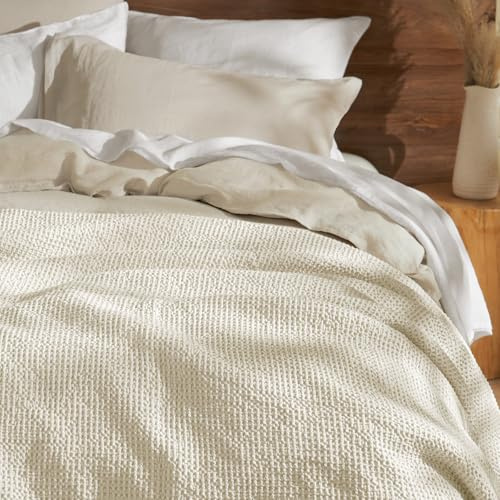 PHF Stone Washed 100% Cotton Waffle Blanket, Vintage Deep Honeycomb Texture, Breathable Thermal Blanket for Bed & Home Decor, All Season Layering - King, Undyed