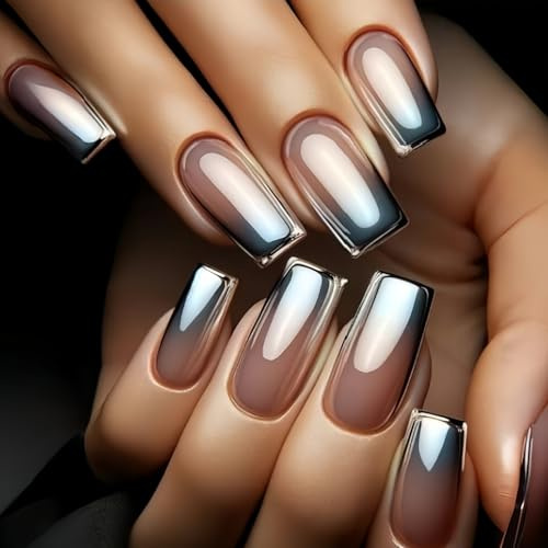 Graue, chromfarbene, mittelgroße, quadratische künstliche Fingernägel mit silbernem Farbverlauf und French-Tip-Optik, glänzend, lasergefertigt, aus Acryl, zum Aufkleben – 24 Stück
