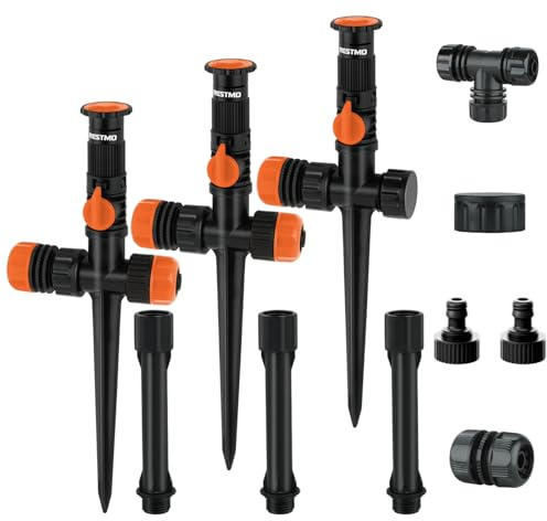 RESTMO 3er-Pack Rasensprenger Große Flächen, Einstellbarer Rasensprinkler | Flexibles Bewässerungssystem mit Erdspieß zur Gartenbewässerung, Pflanzen und Blumenbeete, Orange