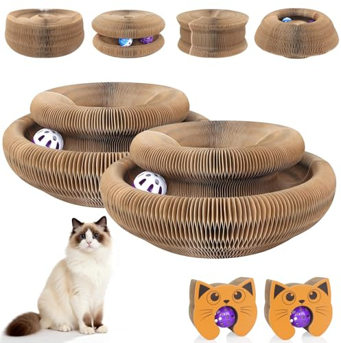 EXTFANS Tiragraffi per Gatti Interattiva con Palla Giocattolo, Cuccia per Gatti Rotondo Pieghevole, Tiragraffi per Gatti per la Casa per Animali Domestici (Set da 2)