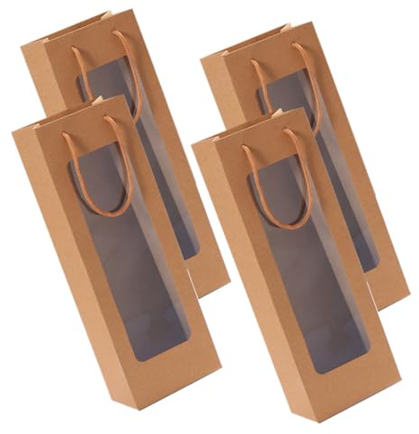 FOMIYES Weintaschen Handliche Flaschentaschen 4 Stück-pack aus Kraftpapier mit Sichtfenster und Griff für Weinflaschen Geeignet für Weihnachtsfeier und Bankett