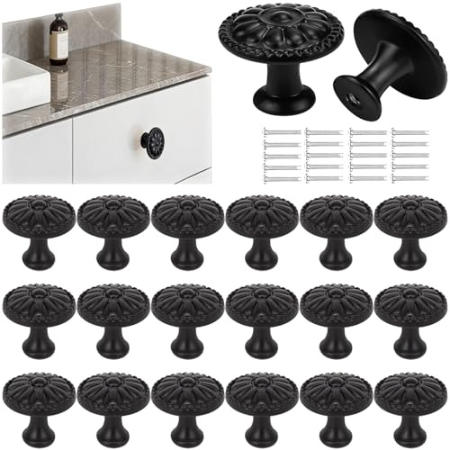 Seutmrou 20 Pièces Boutons de Tiroir, 30MM Bouton de Placard Cuisine Vintage, avec Vis Poignée de Commode Floral, Rond Bouton de Meuble, Boutons de Placard pour Commode,Armoire, Meuble,Placard (noir)